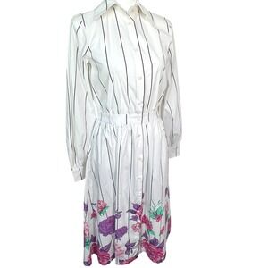 GENTILE CATONE Size 40 US 4 Italy‎ Striped White Floral 100% Cotton Shirt Dress
